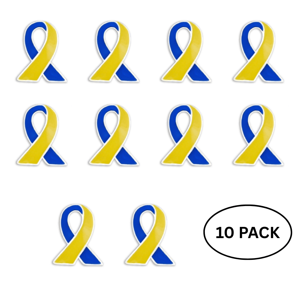 10 Pack Blue & Yellow Ribbon Lapel Pins