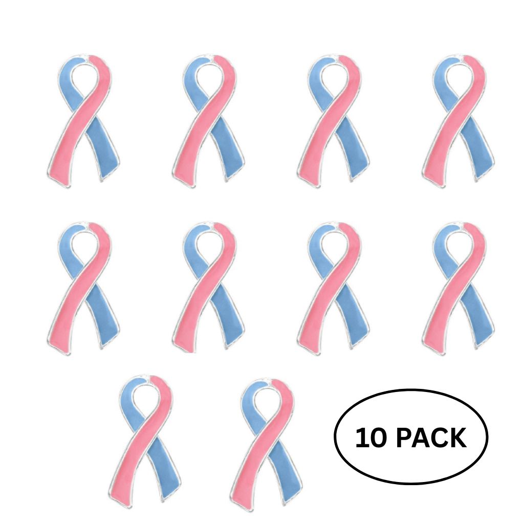 10 Pack Large Pink & Blue Ribbon Pins for Infant Death, SIDS, Miscarriage, Male Breast Cancer