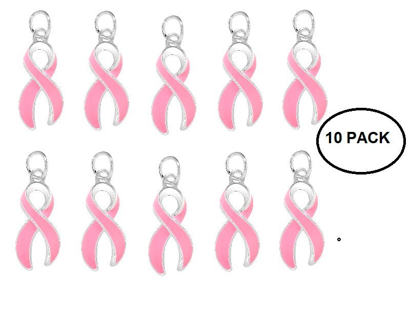 10 Pack Pink Ribbon Breast Cancer Awareness Charms
