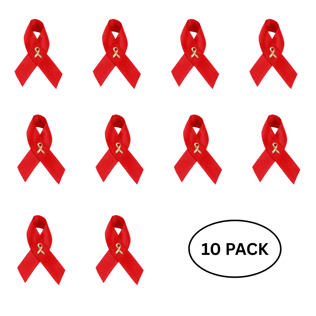 10 Pack Satin Red Ribbon Awareness Pins