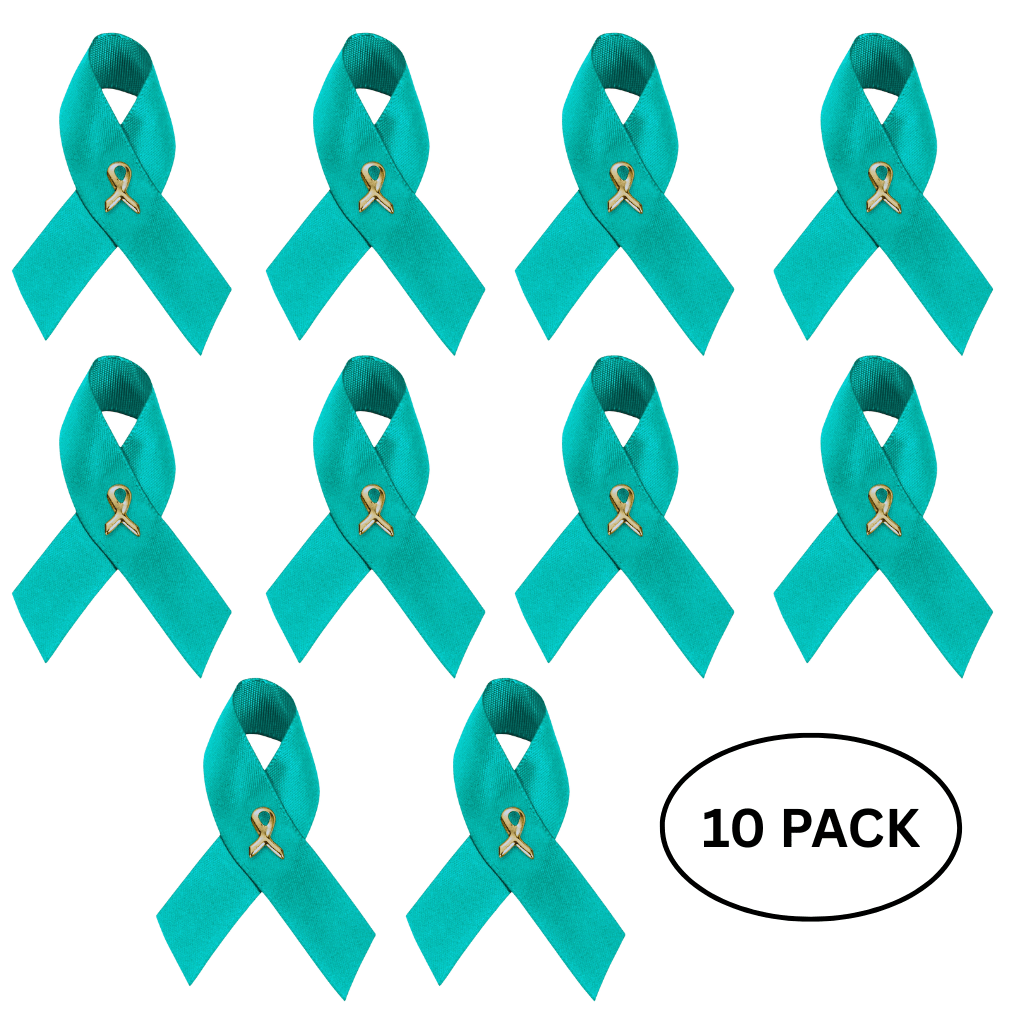 10 Pack Satin Teal Ribbon Pins for Ovarian Cancer, PTSD, Rape