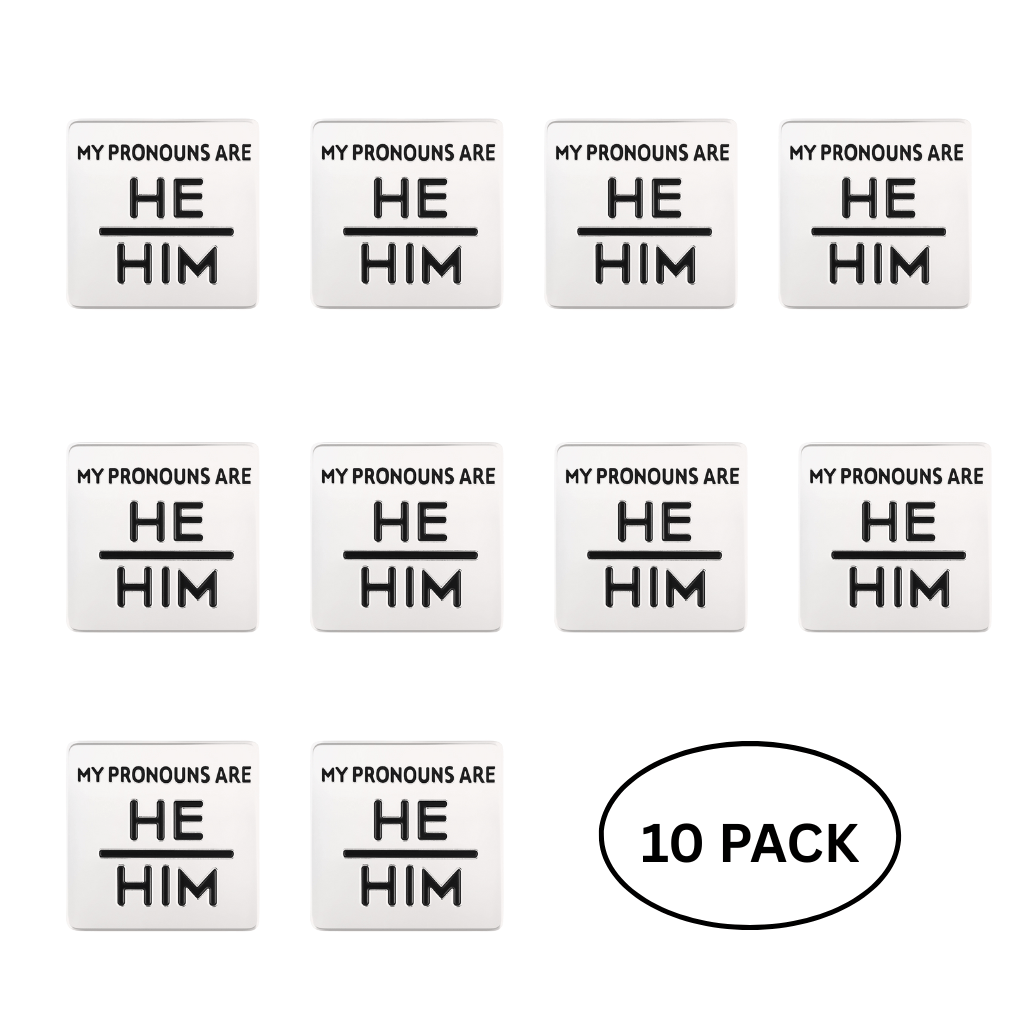 10 Pack Silver Square My Pronouns Are He Him Pins