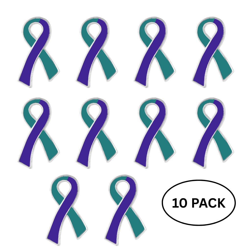10 Pack Teal & Purple Ribbon Pins for Suicide & Sexual Assault