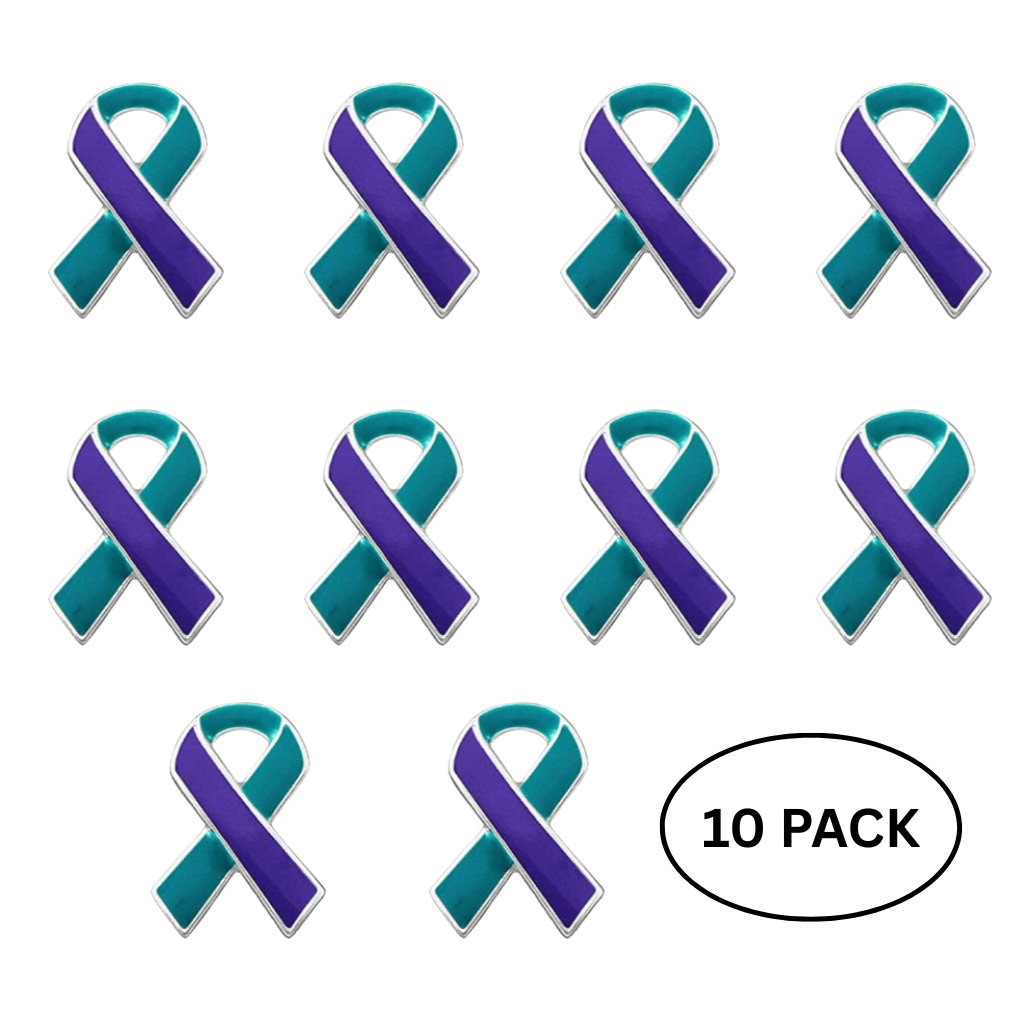 10 Pack Teal & Purple Ribbon Pins for Suicide, Sexual Assault Awareness