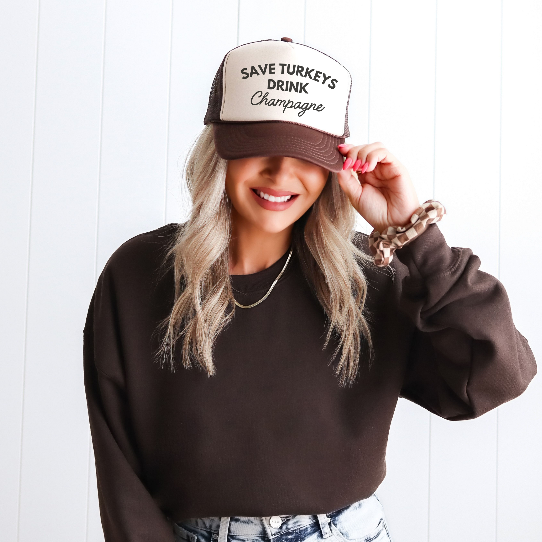 Save Turkeys Drink Champagne Trucker Hat