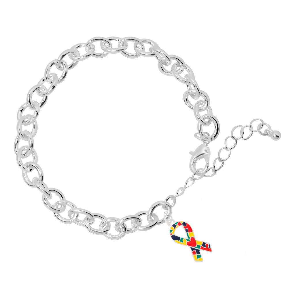 Autism Ribbon With Red Heart Design Chunky Charm Bracelets