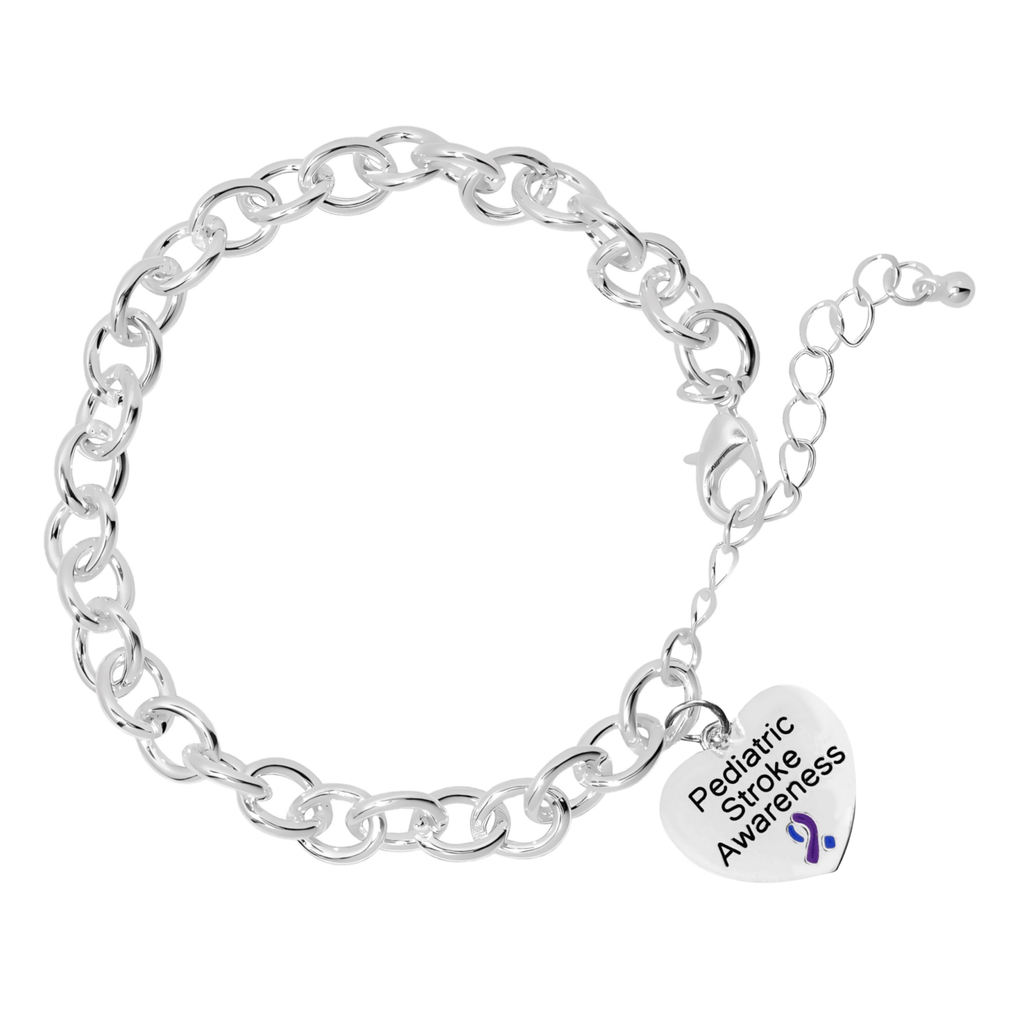Blue & Purple Ribbon Heart Charm Pediatric Stroke Awareness Chunky Bracelets