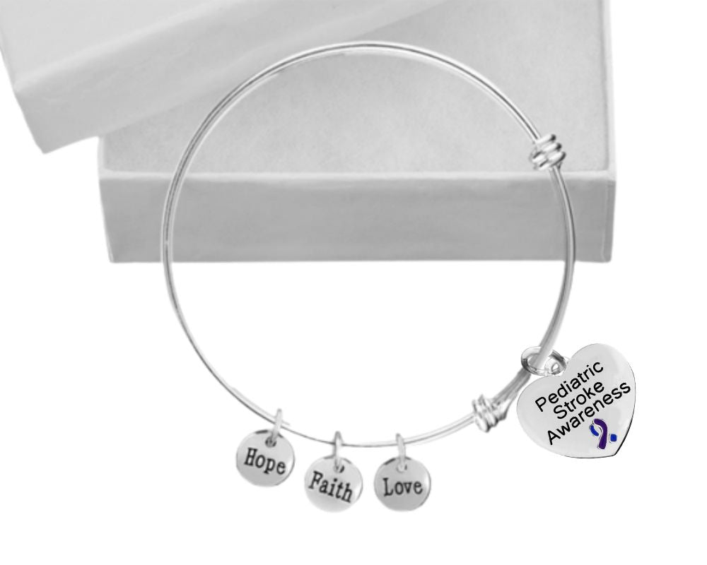 Blue & Purple Ribbon Heart Charm Pediatric Stroke Awareness Retractable Bracelets