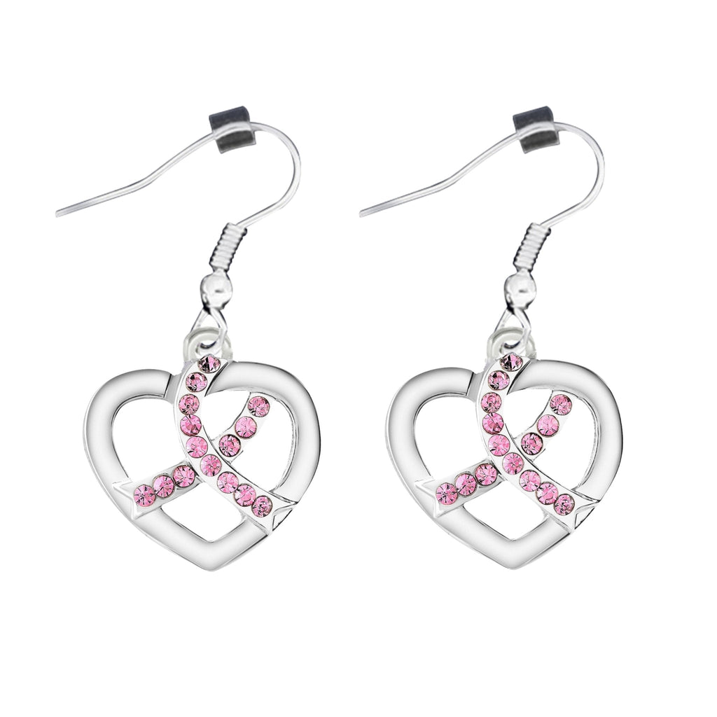 Breast Cancer Crystal Pink Ribbon Heart Hanging Earrings