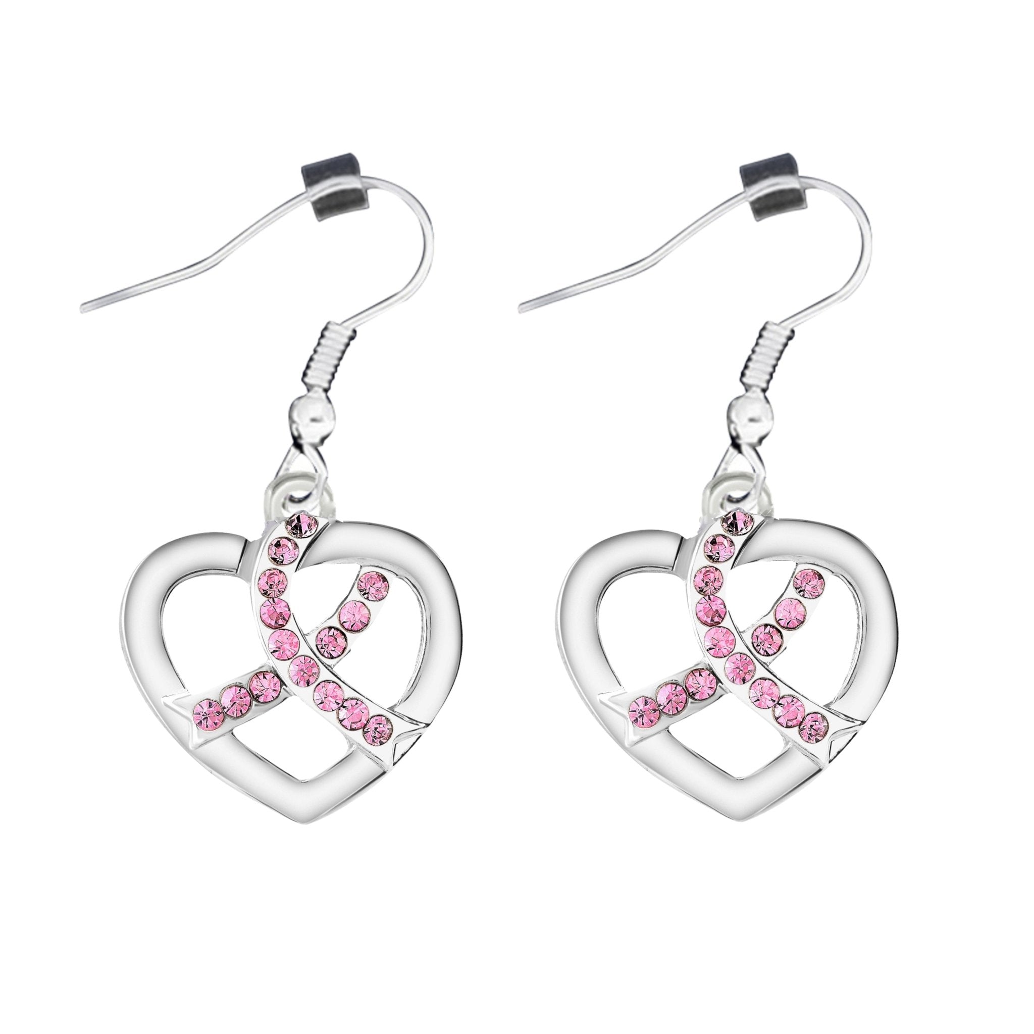 Breast Cancer Crystal Pink Ribbon Heart Hanging Earrings