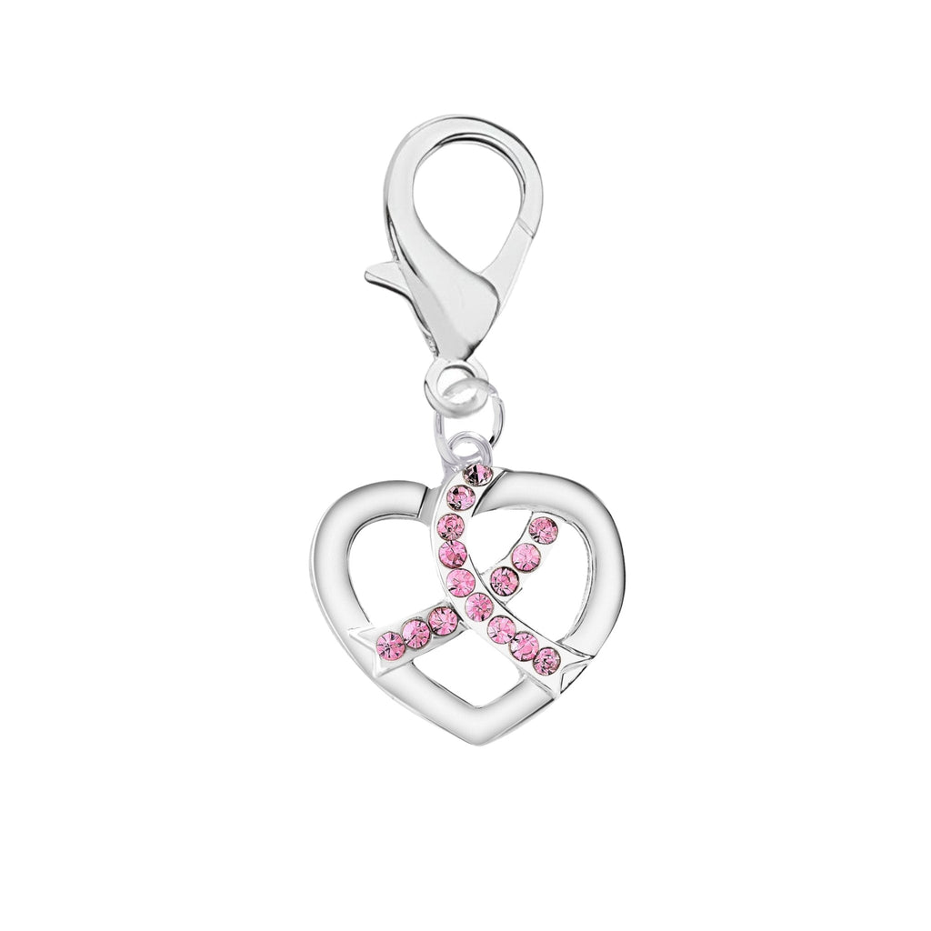 Breast Cancer Crystal Pink Ribbon Silver Heart Hanging Charms