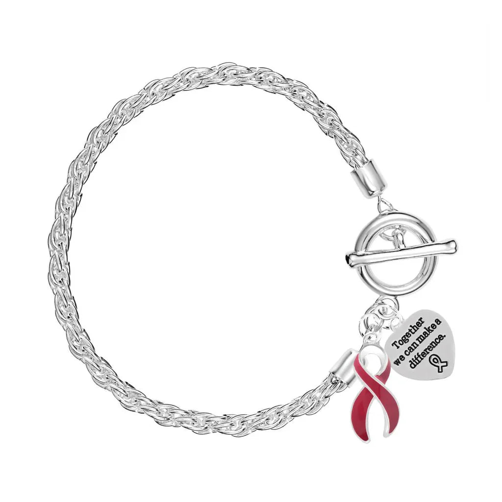 Burgundy Ribbon Awareness Rope Bracelet with Heart & Ribbon Charms