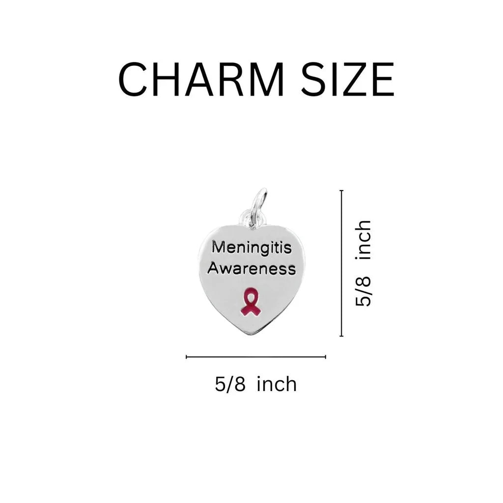 Burgundy Ribbon Rope Style Bracelet – Meningitis Awareness Heart Necklace