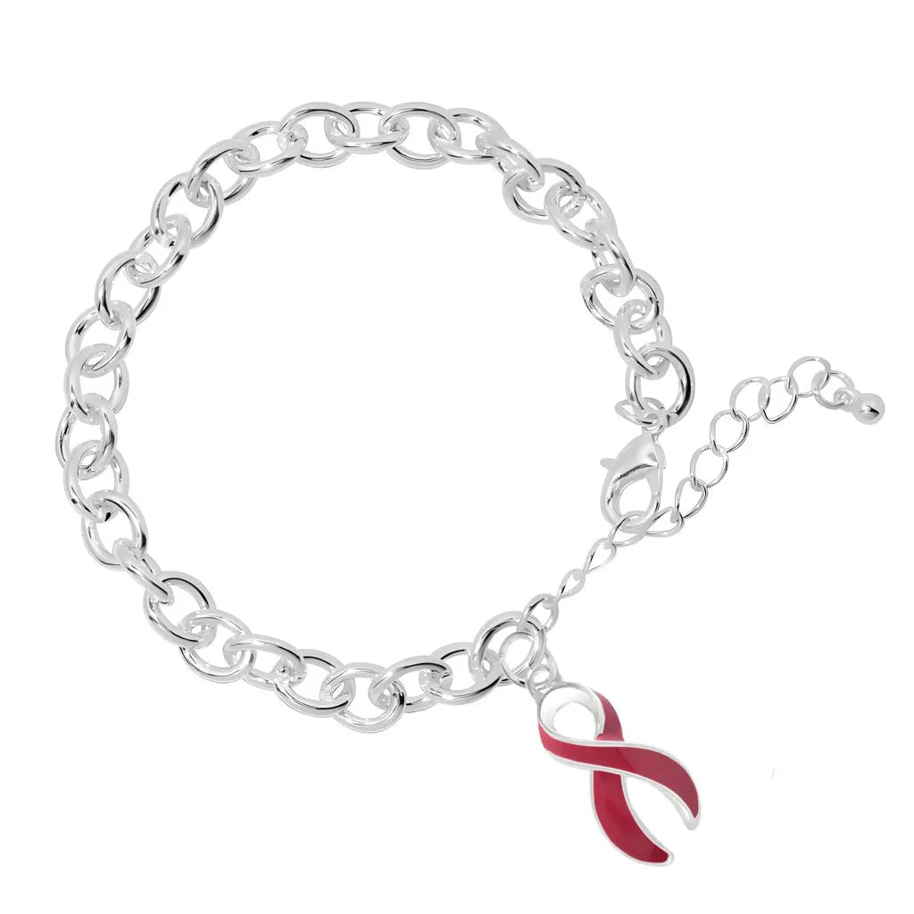 Chunky Silver Bracelet with Burgundy Ribbon Charm