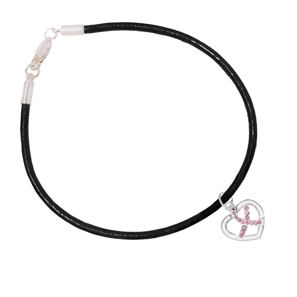 Crystal Pink Ribbon Heart Charm Leather Cord Bracelets