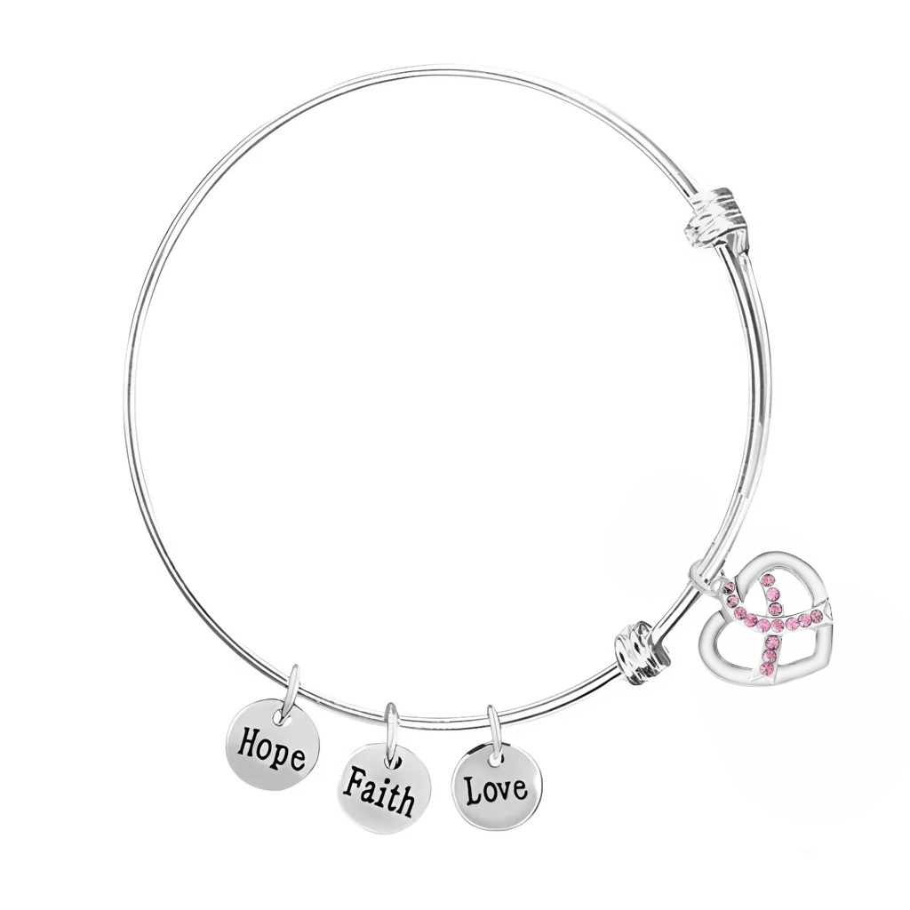 Crystal Pink Ribbon Heart Charm Retractable Charm Bracelets