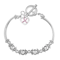 Crystal Pink Ribbon Heart Charm Silver Partial Beaded Bracelets