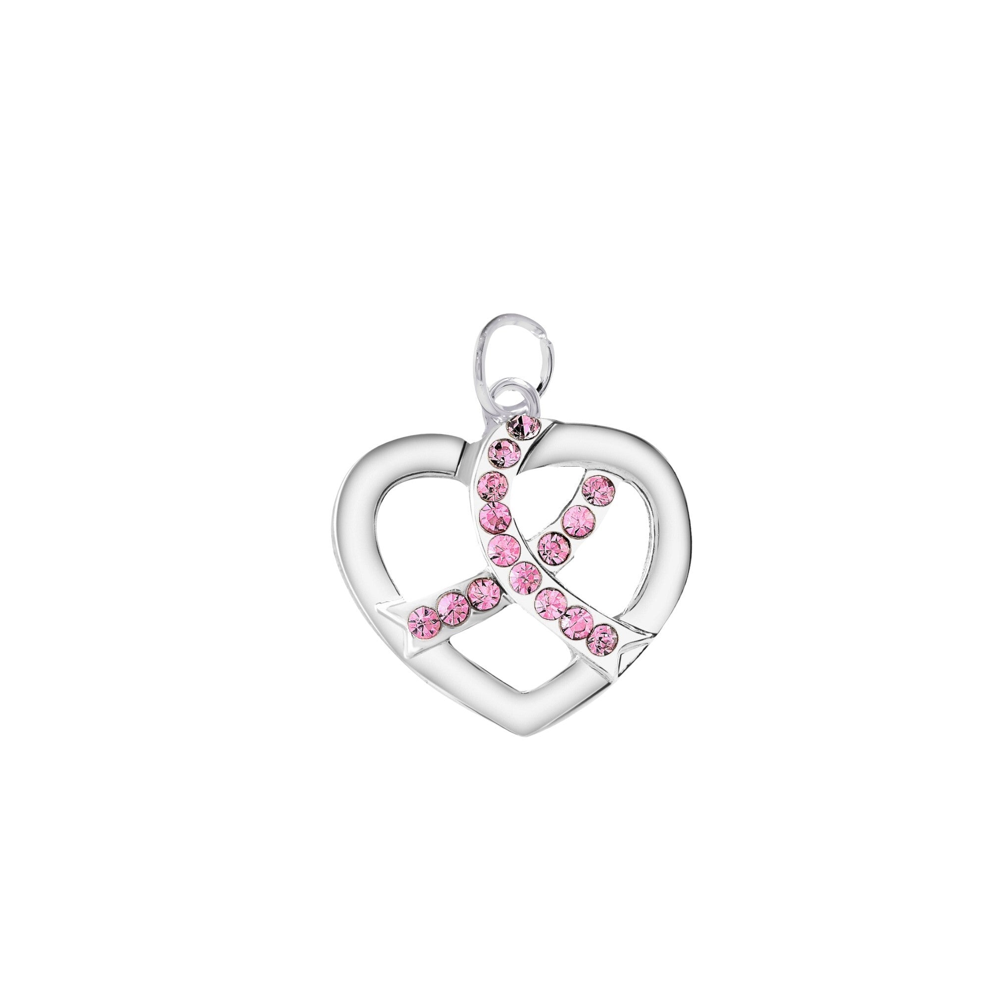 Crystal Pink Ribbon Silver Heart Charms