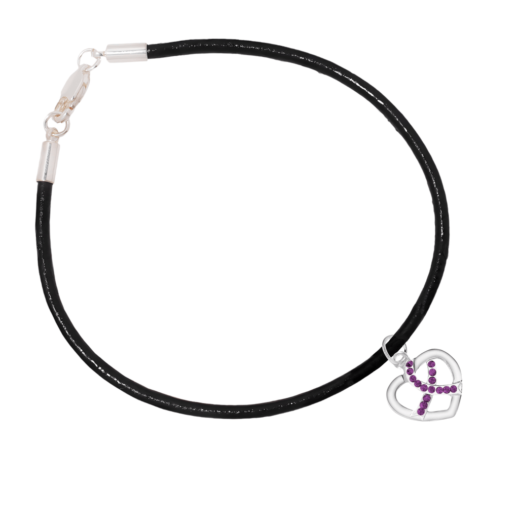 Crystal Purple Ribbon Heart Charm Leather Cord Bracelets