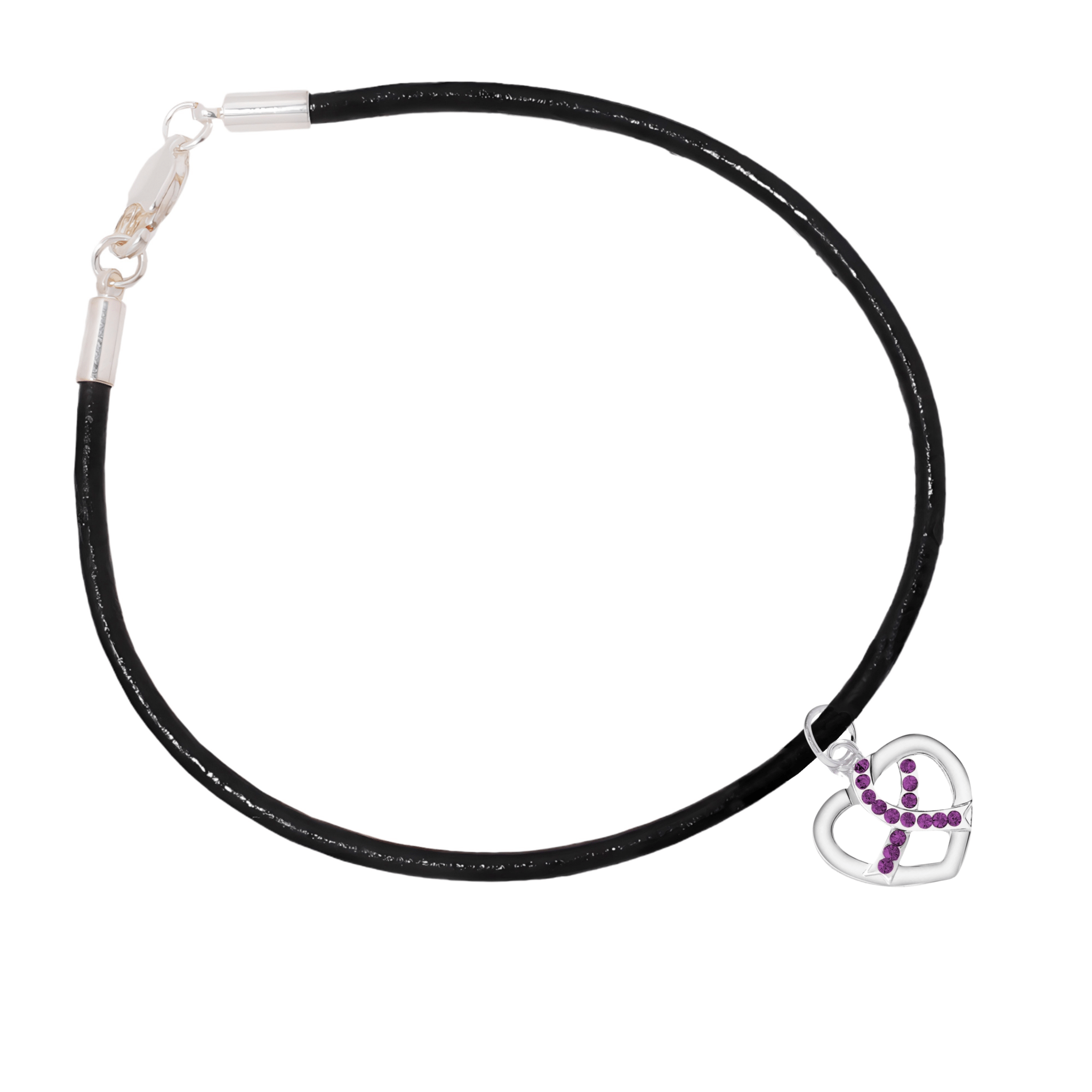 Crystal Purple Ribbon Heart Charm Leather Cord Bracelets