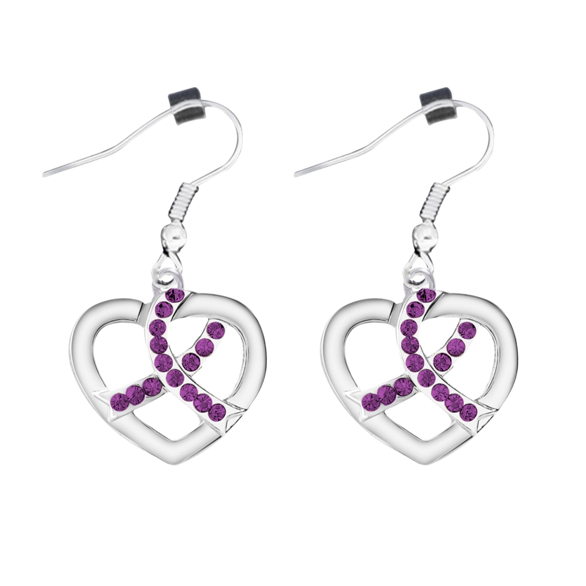 Crystal Purple Ribbon Heart Hanging Earrings