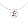 Crystal Purple Ribbon Silver Heart Necklaces