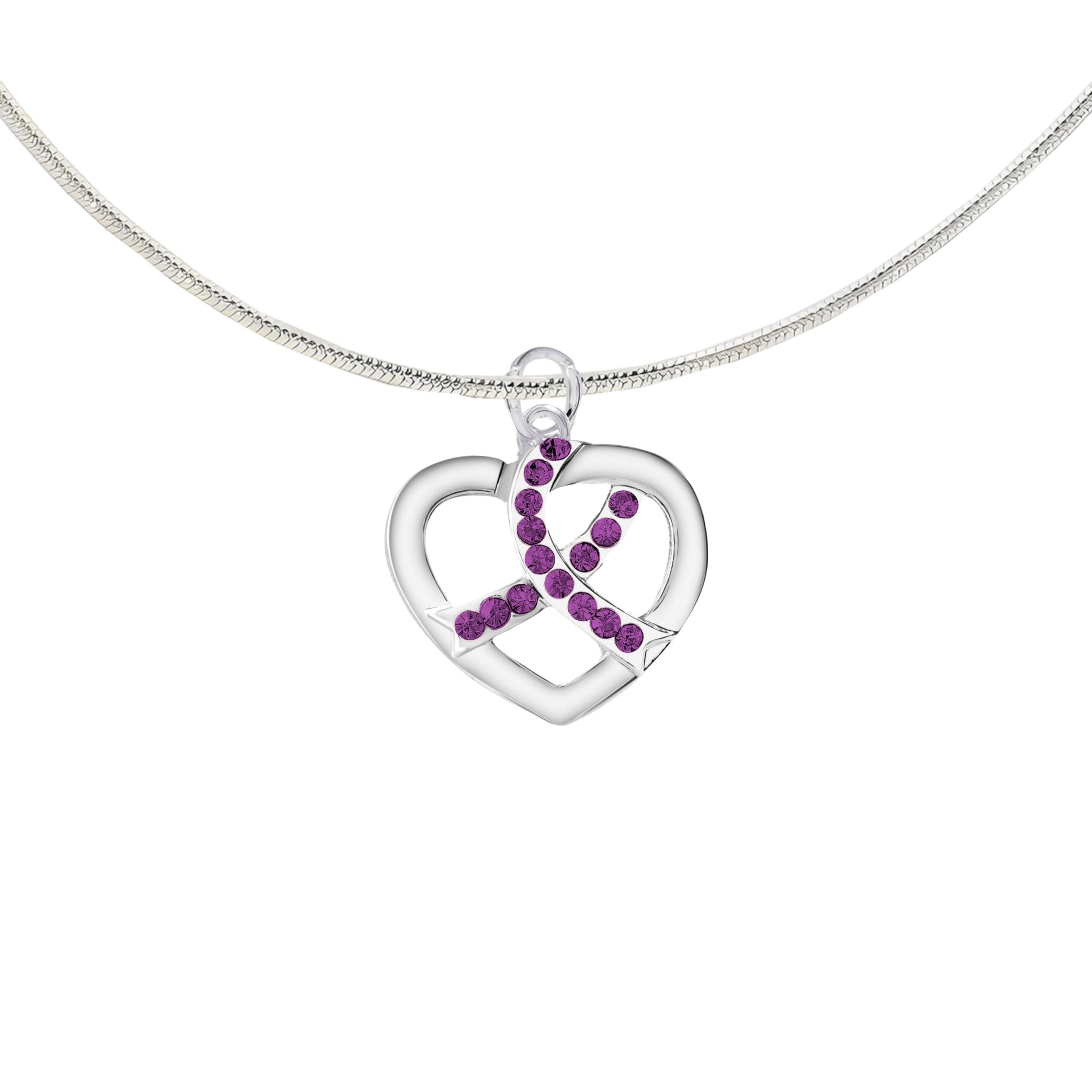 Crystal Purple Ribbon Silver Heart Necklaces