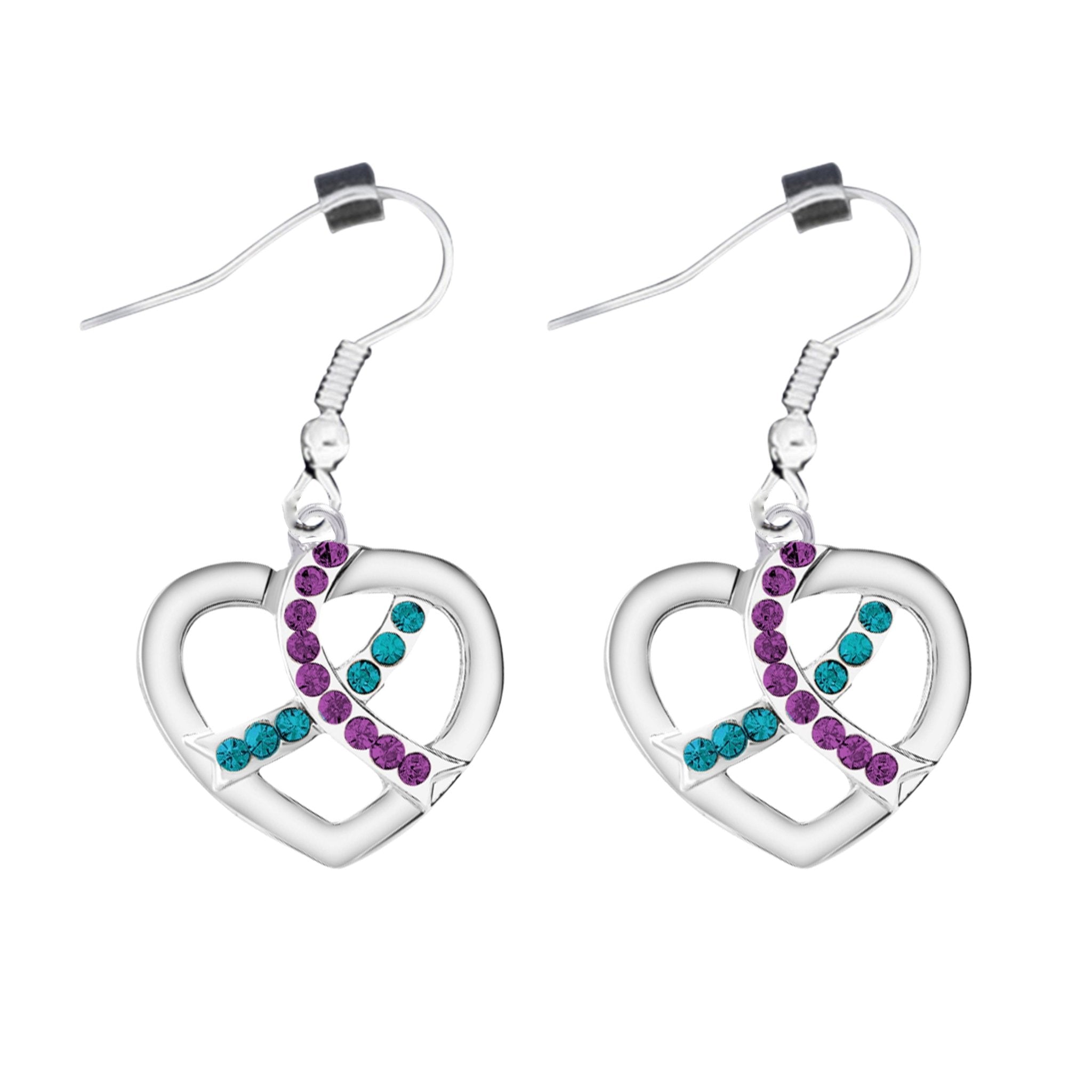 Crystal Teal & Purple Ribbon Silver Heart Hanging Earrings