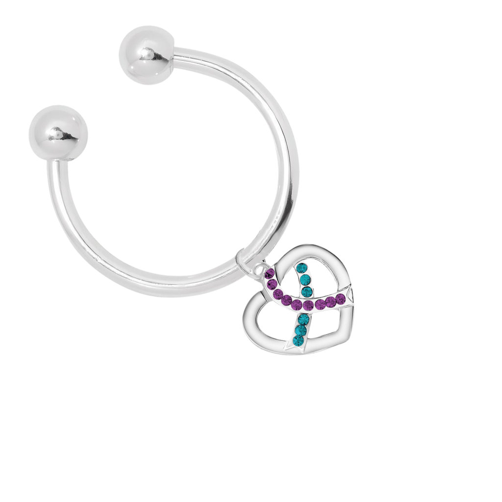 Crystal Teal & Purple Ribbon Silver Heart Key Chains