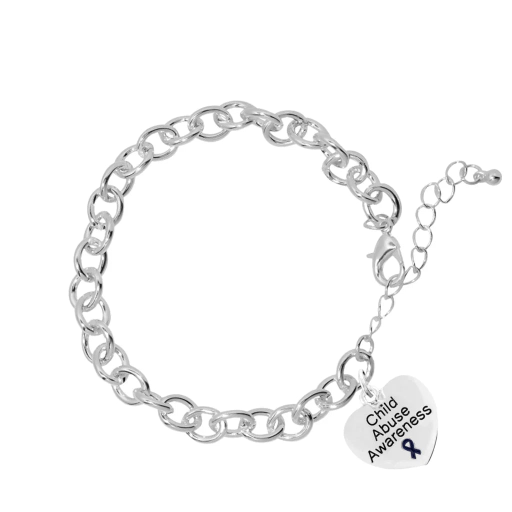 Dark Blue Ribbon Child Abuse Awareness Heart Charm Link Style Chunky Bracelets