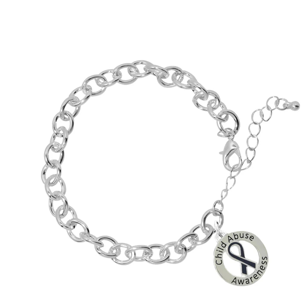 Dark Blue Ribbon Child Abuse Awareness Round Charm Chunky Bracelets