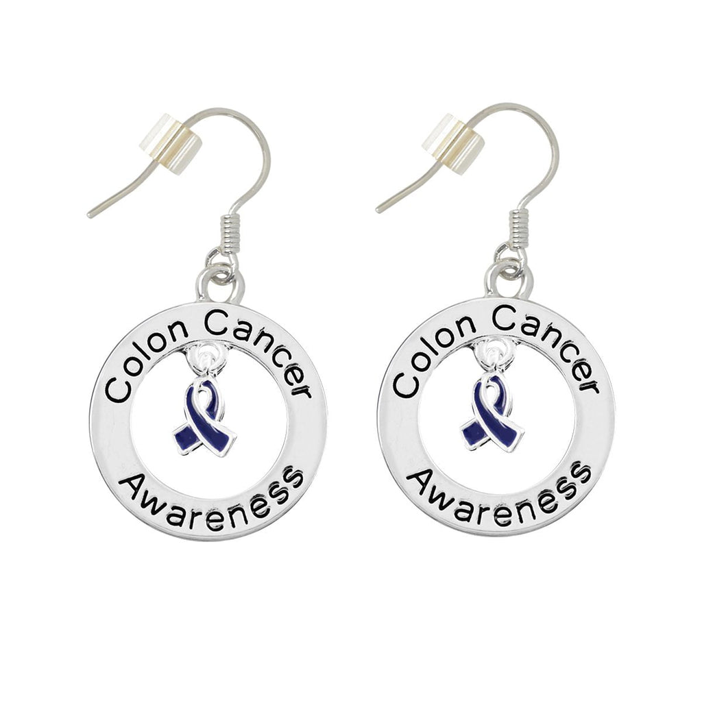 Dark Blue Ribbon Colon Cancer Awareness Hanging Earrings