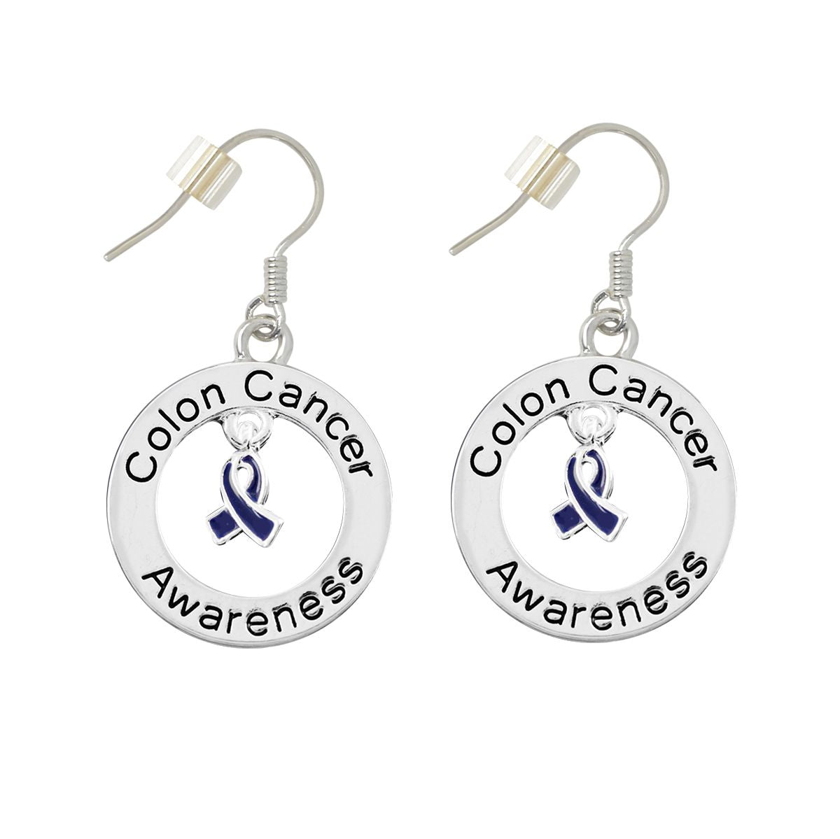 Dark Blue Ribbon Colon Cancer Awareness Hanging Earrings