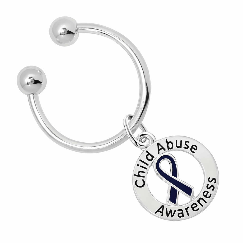 Dark Blue Ribbon Round Child Abuse Awareness Keychains