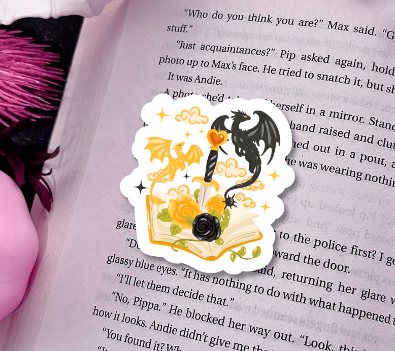 Fourth Wing Inspired Book Dagger and Dragons Sparkle Vinyl Sticker – Durable Waterproof Bookish Decal