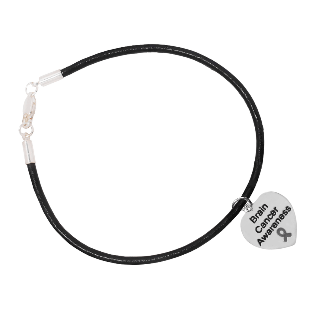 Gray Ribbon Brain Cancer Awareness Heart Leather Cord Bracelets