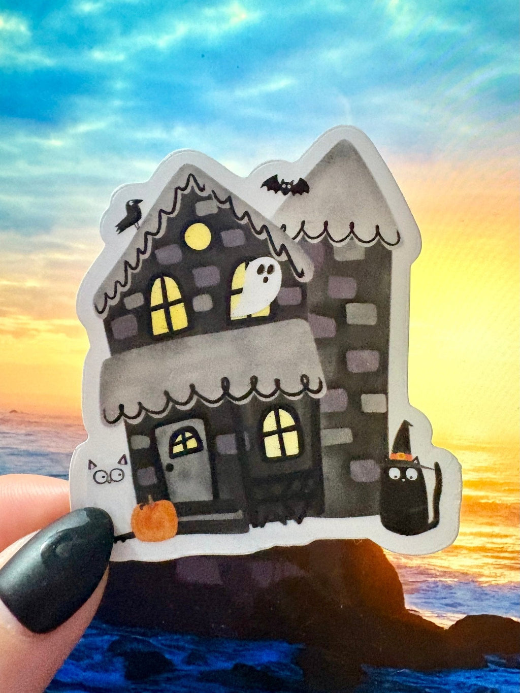 Spooky haunted house matte sticker - 2.25 inches water-resistant and dishwasher-safe