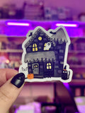 Spooky haunted house matte sticker - 2.25 inches water-resistant and dishwasher-safe