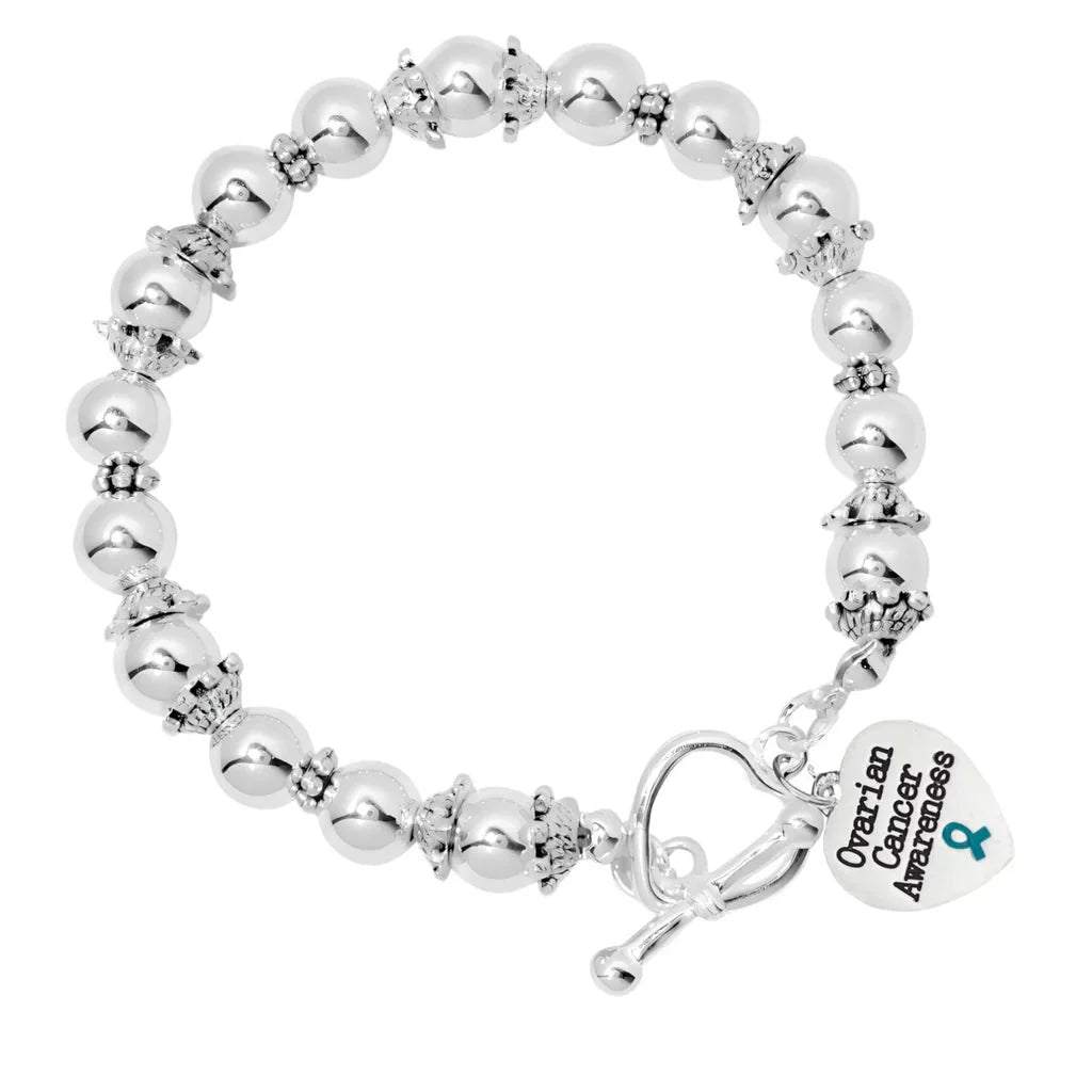 Heart Ovarian Cancer Awareness Charm Silver Beaded Bracelets
