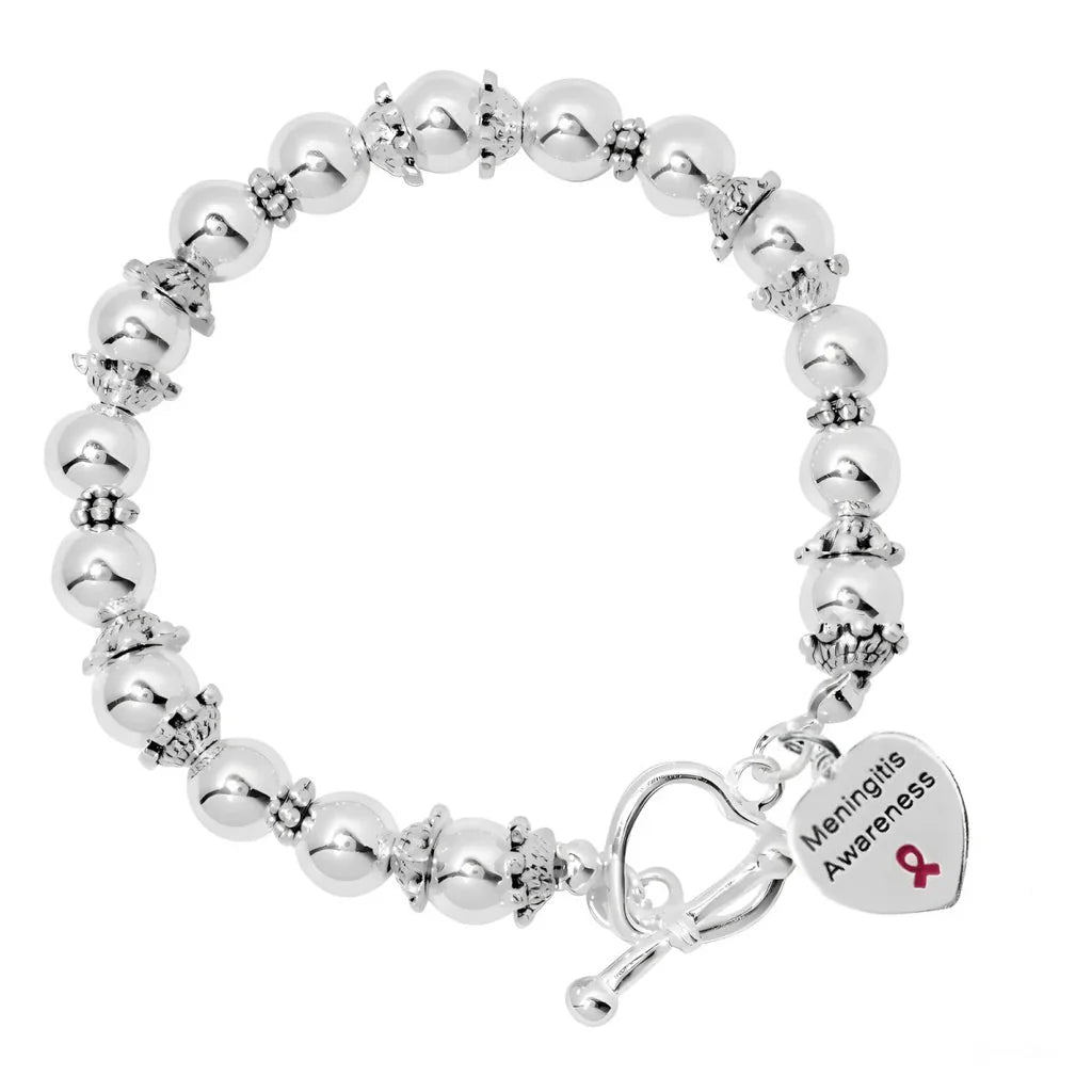 Meningitis Awareness Beaded Bracelets with Heart Burgundy Ribbon Charm