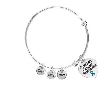 Mom Ovarian Cancer Awareness Heart Charm Retractable Bracelets