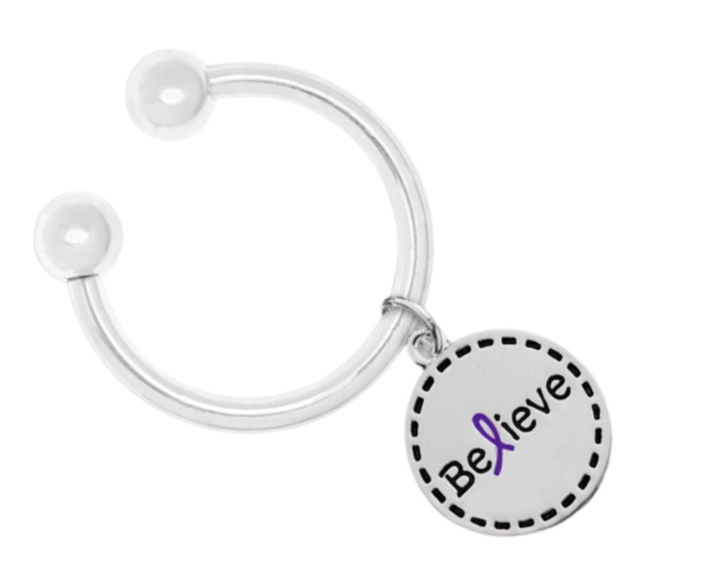 Purple Ribbon Round Believe Keychains