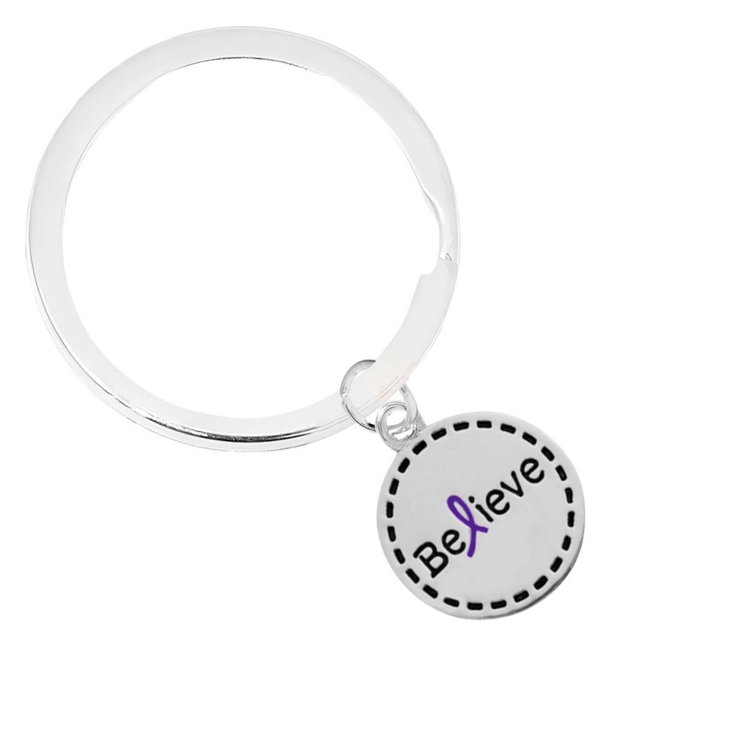 Purple Ribbon Round Believe Split Style Keychains