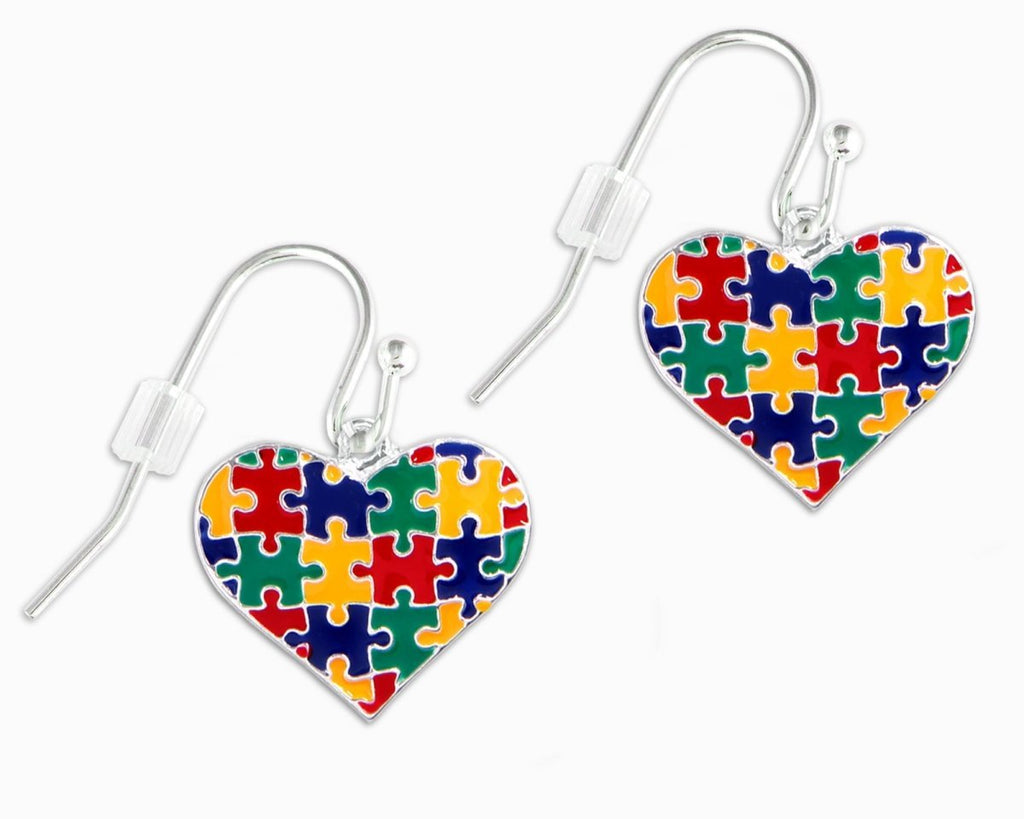 Puzzle Piece Autism Awareness Multicolored Heart Hanging Earrings