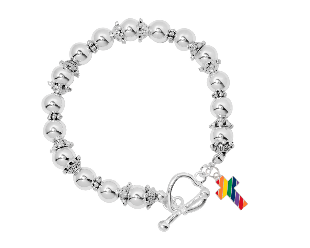 Rainbow Flag Cross Silver Beaded Bracelets