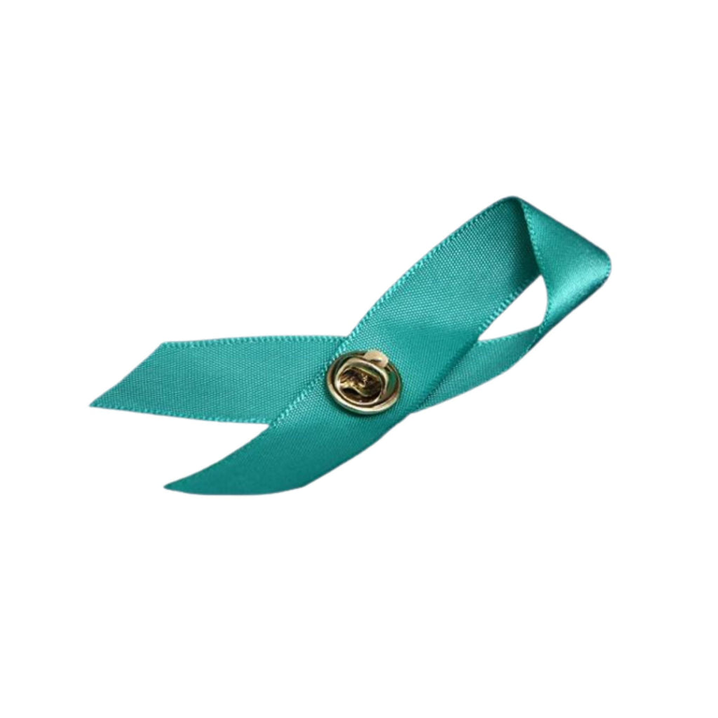 10 Pack Satin Teal Ribbon Pins for Ovarian Cancer, PTSD, Rape