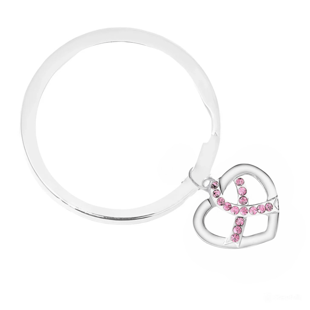 Silver Heart Crystal Pink Ribbon Split Style Keychains