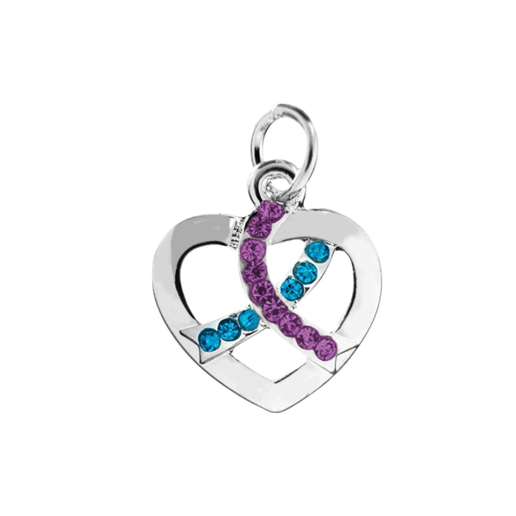 Silver Heart Crystal Teal & Purple Ribbon Charms