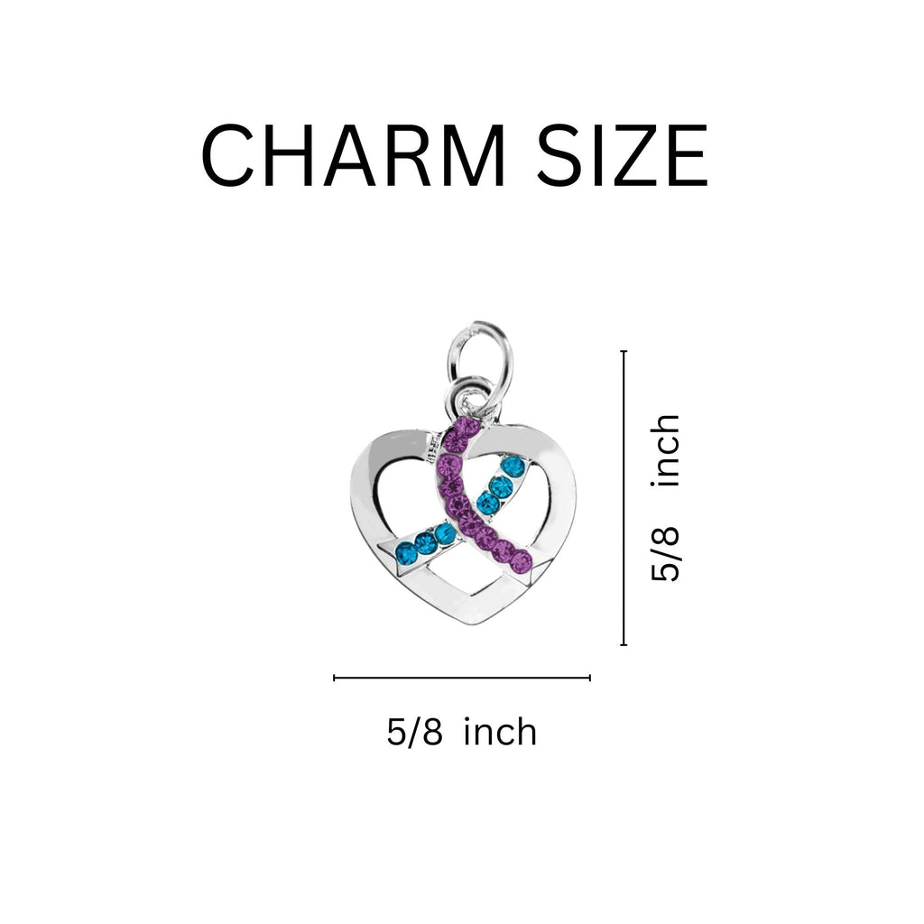 Silver Heart Crystal Teal & Purple Ribbon Charms
