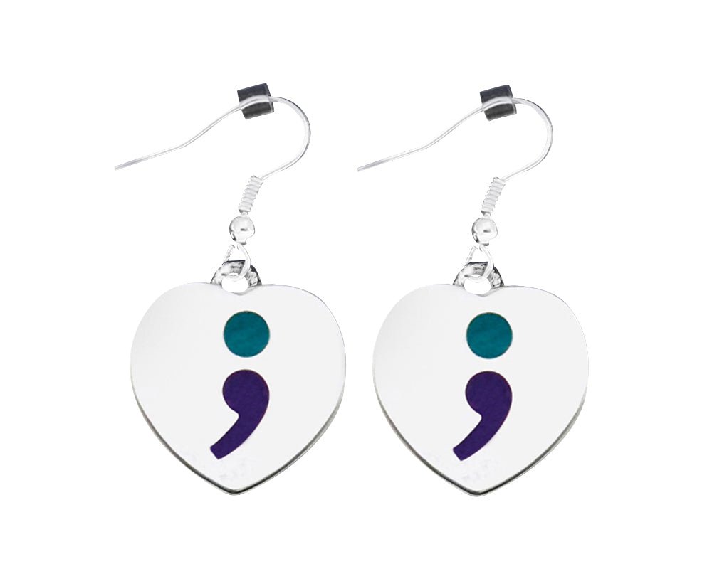 Suicide Prevention Awareness Heart Shaped Semicolon Hanging Earrings